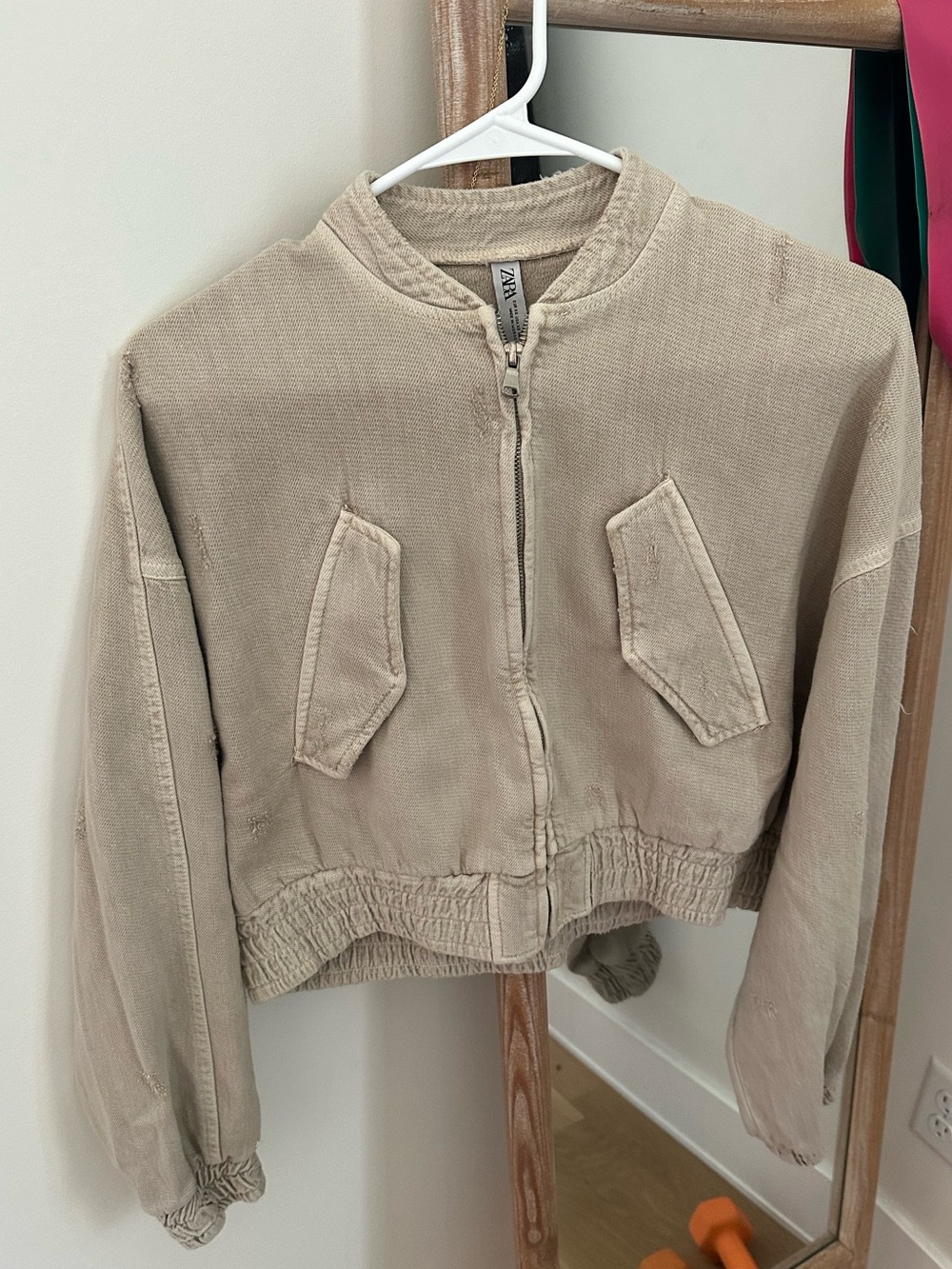 Zara Womens Beige Cropped Bomber Jacket - Picture 3 of 6